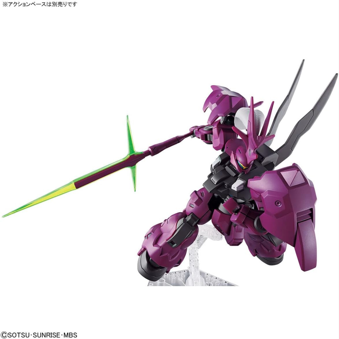 Box HG 1/144 Guel’s Dilanza Gunpla Bandai – modello da montare senza colla tratto da The Witch from Mercury con armatura viola e lancia energetica.
