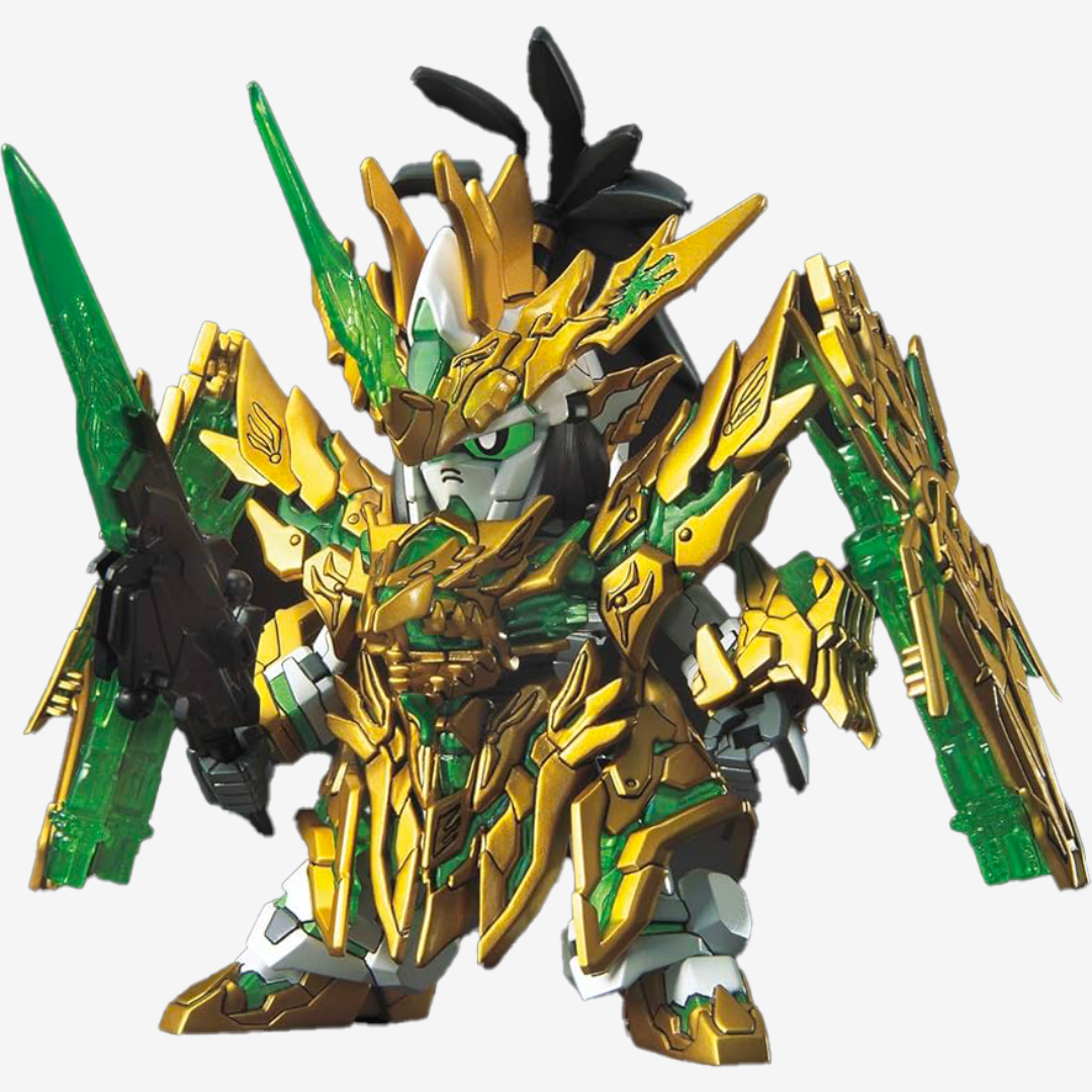 Gunpla SD Long Xian Liu Bei Unicorn Gundam dorato con doppia lama verde, armatura lucente e dettagli epici – kit Bandai da montare senza colla.