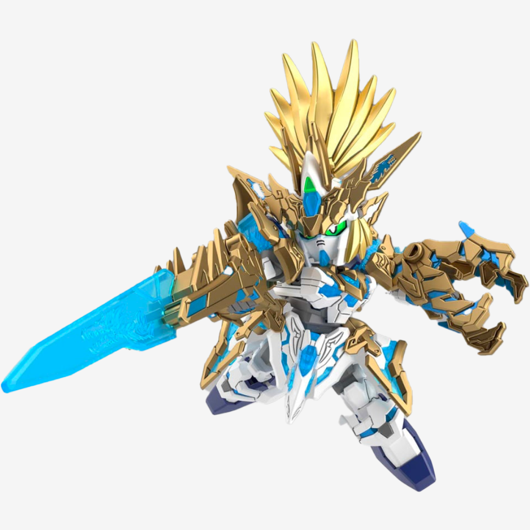 Gunpla SDW Heroes Long Zun Liu Bei Unicorn Gundam con armatura oro, spada blu, memory slot e artigli – modello da montare senza colla Bandai 2021.