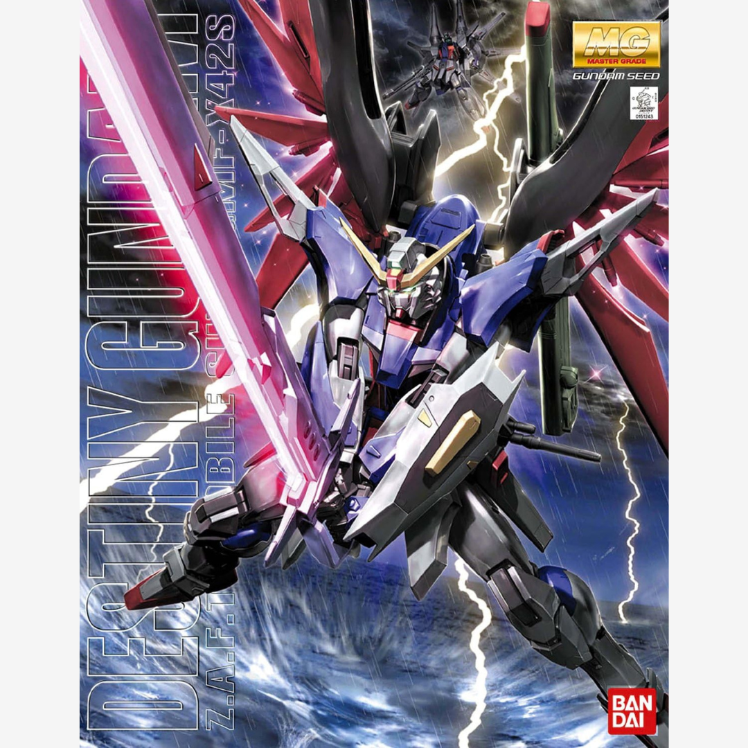 Box MG Destiny Gundam SEED Master Grade Bandai – Gunpla con spada Anti-Ship, ali translucide e dettagli realistici da montare senza colla.