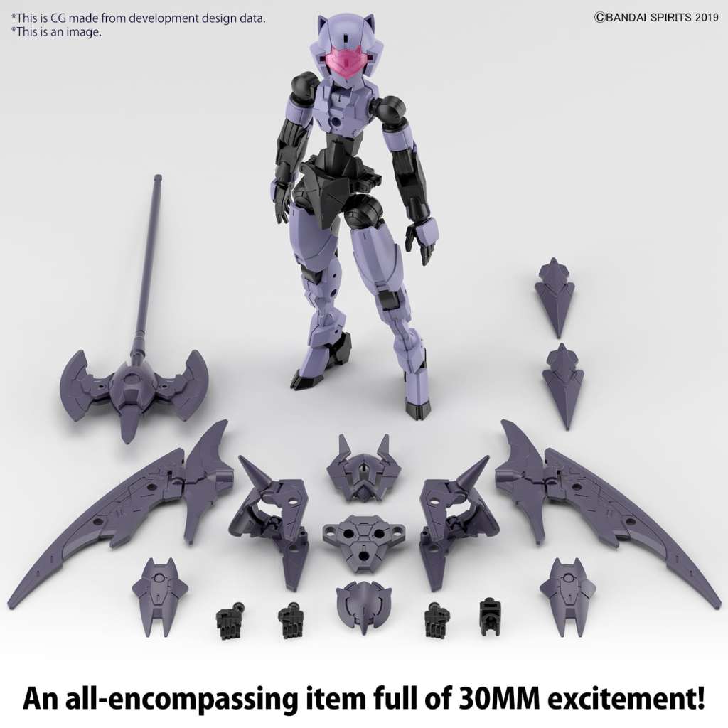 Model kit Bandai 30MM Spinatia Reaper Type scala 1/144 – Mecha femminile da 12cm con arma combinabile e supporto pipistrello.