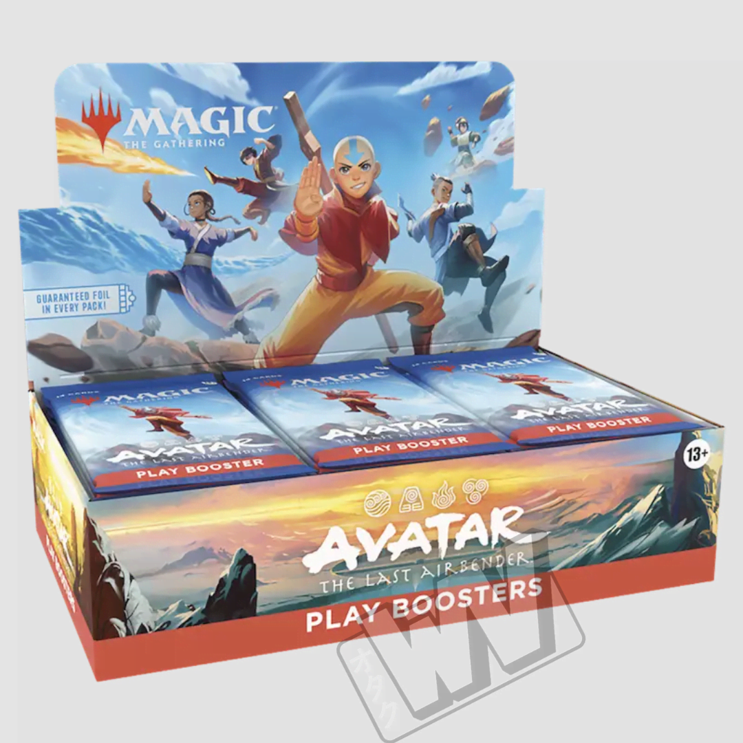 Play Booster Box Magic: The Gathering Avatar The Last Airbender con Aang, Katara, Sokka e Toph sull’espositore dell’espansione La Leggenda di Aang