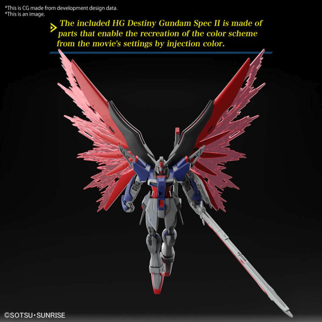 Box HG Bandai Destiny Gundam Spec II & Zeus Silhouette 1/144 da Gundam SEED Freedom, kit Gunpla senza colla con ali translucide e cannone Zeus.