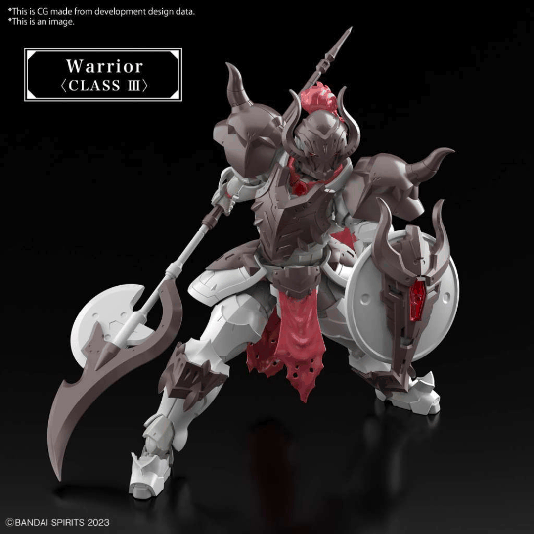 Box 30MF Liber Warrior Bandai con guerriero fantasy corazzato, armato di lancia e scudo, model kit articolato della serie 30 Minutes Fantasy.