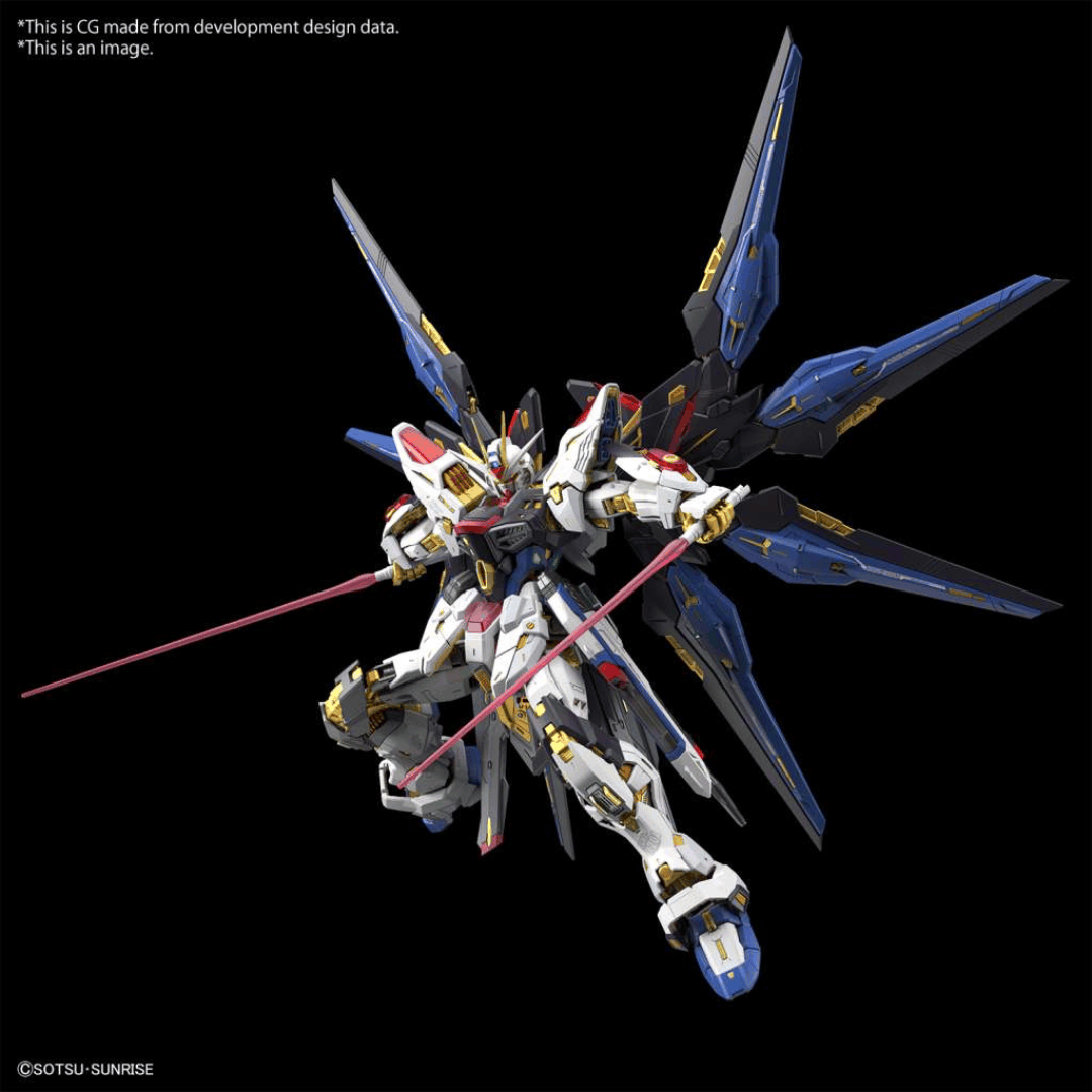 Box MGEX 1/100 Gundam Strike Freedom con ali estese e finiture dorate, modello Master Grade Extreme ispirato a Gundam SEED Destiny.