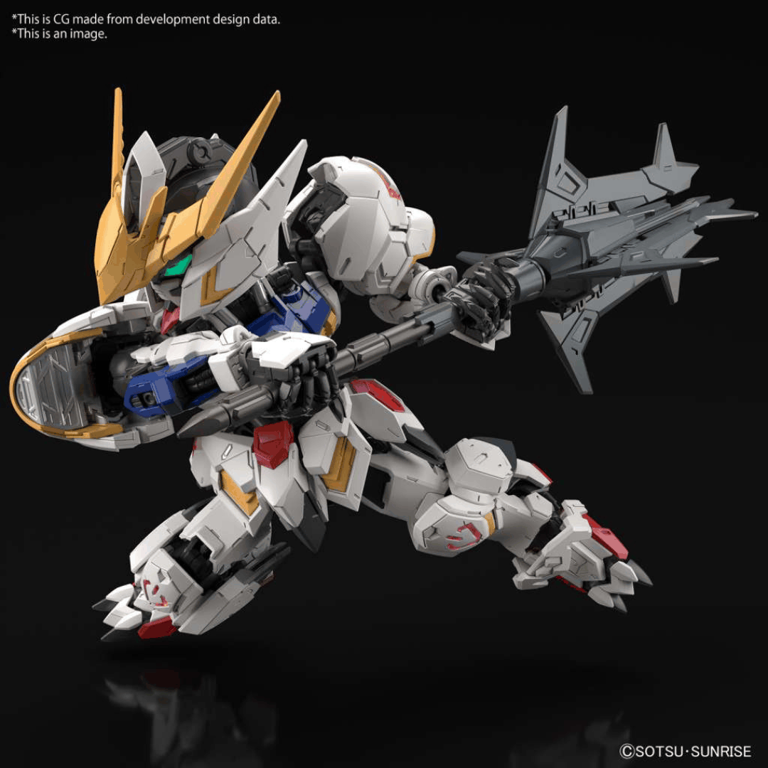 Box MGSD Gundam Barbatos con Mobile Suit SD dettagliato e armato, ispirato a Iron-Blooded Orphans. Gunpla compatto con qualità da Master Grade.