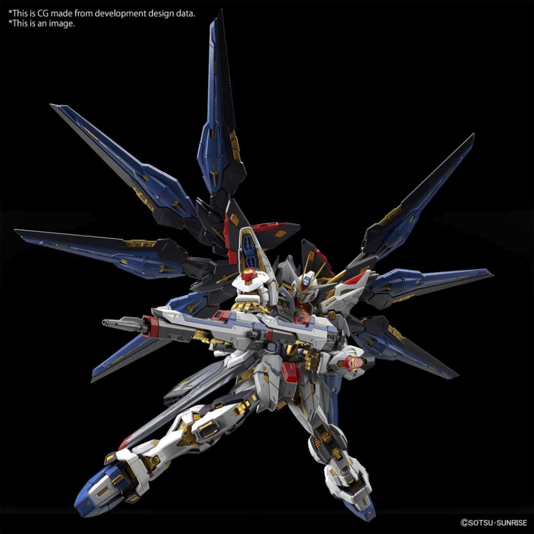 Box MGEX 1/100 Gundam Strike Freedom con ali estese e finiture dorate, modello Master Grade Extreme ispirato a Gundam SEED Destiny.