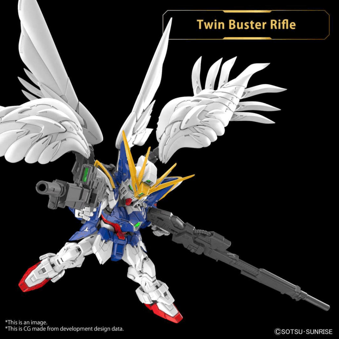 Box MGSD Wing Gundam Zero EW con Mobile Suit SD in posa dinamica, ali articolate e doppio fucile iconico, tratto da Gundam Wing: Endless Waltz.