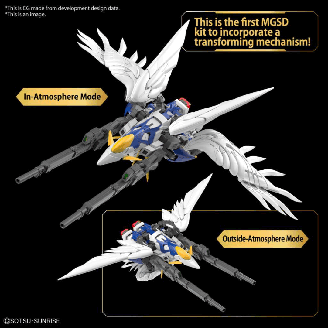 Box MGSD Wing Gundam Zero EW con Mobile Suit SD in posa dinamica, ali articolate e doppio fucile iconico, tratto da Gundam Wing: Endless Waltz.