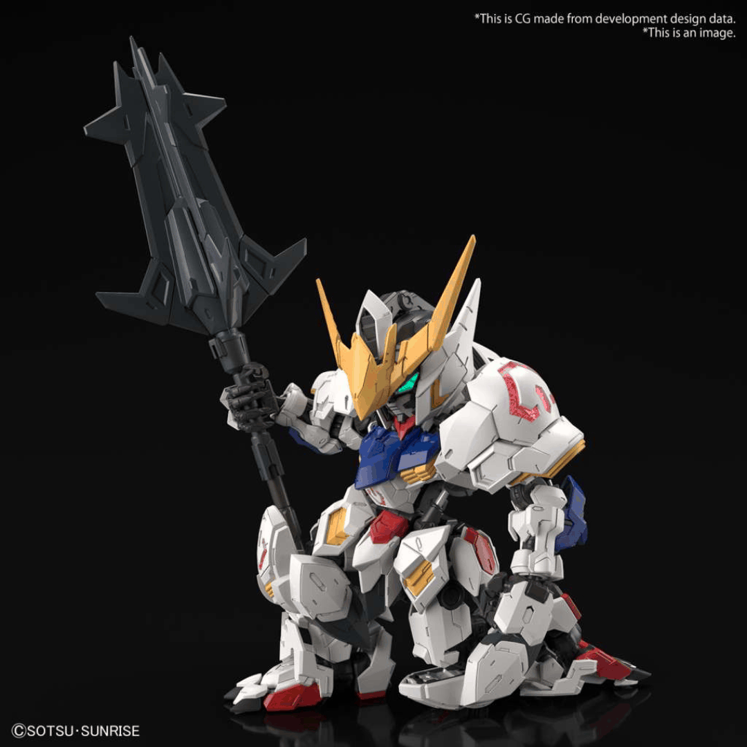 Box MGSD Gundam Barbatos con Mobile Suit SD dettagliato e armato, ispirato a Iron-Blooded Orphans. Gunpla compatto con qualità da Master Grade.