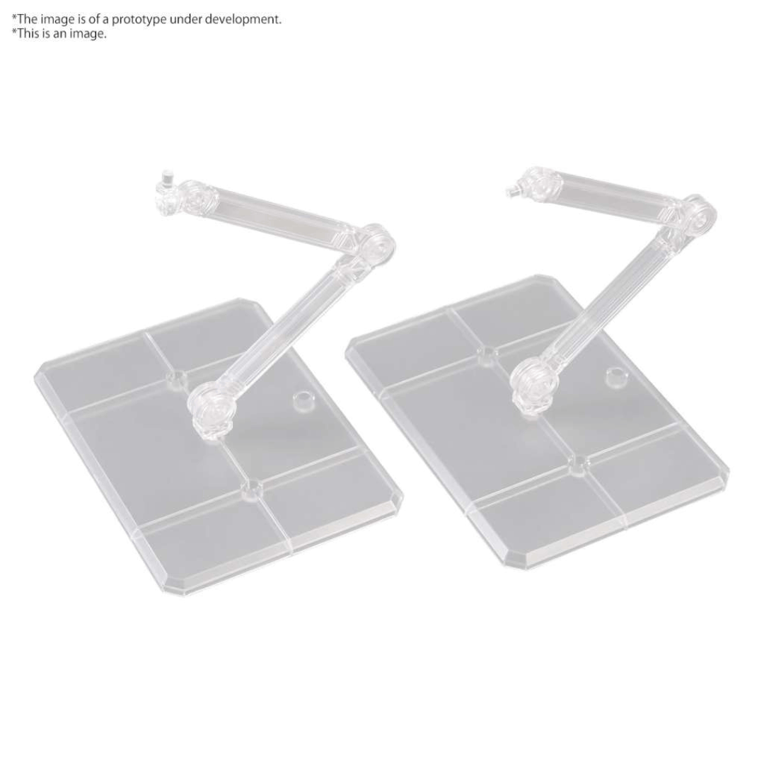 Base trasparente doppia per action figure e Gunpla scala 1/144 con bracci articolati – supporto per esposizione dinamica e pulita.