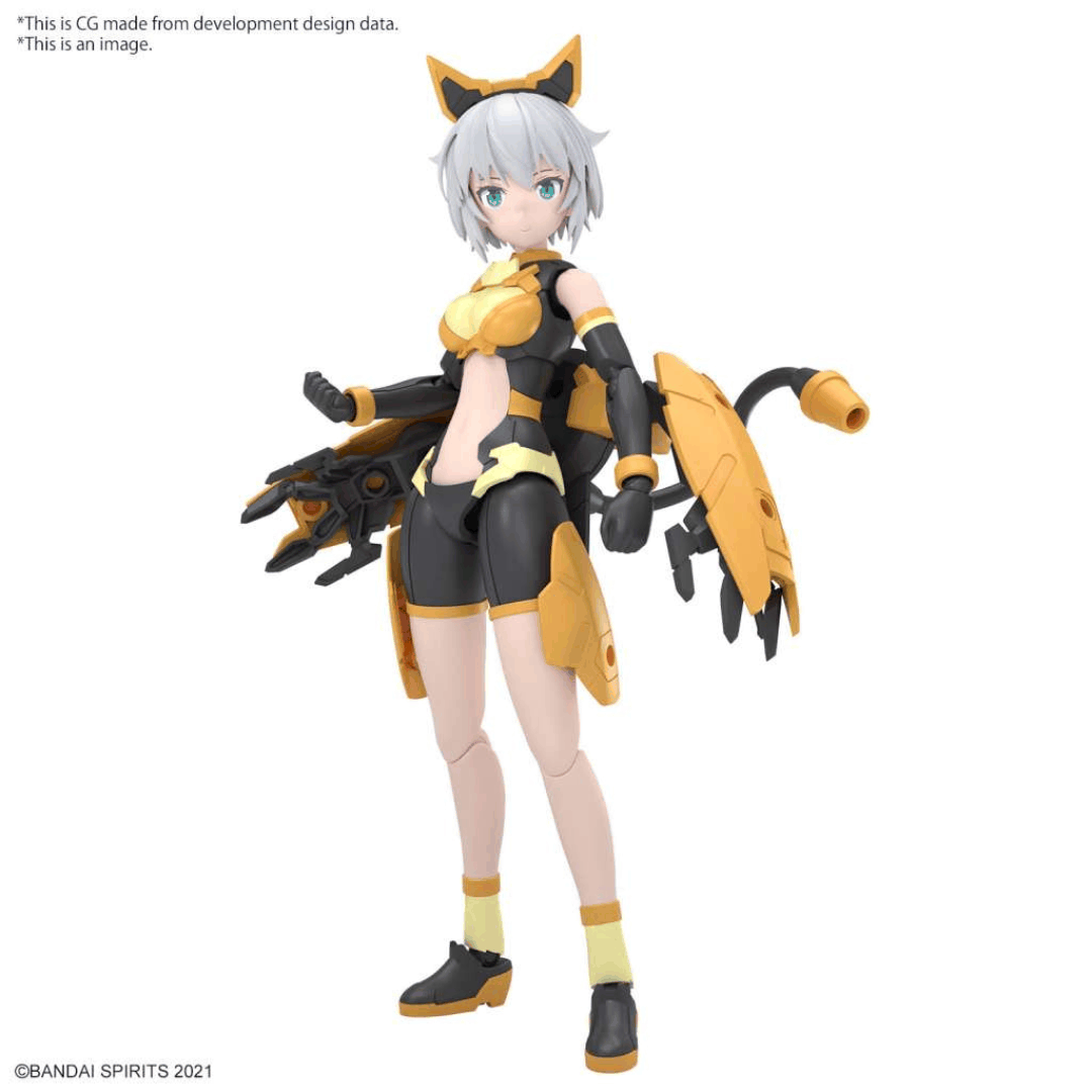 Box model kit 30MS Rishetta Freesia Wear Color A Bandai con armatura gialla e look mecha customizzabile in stile anime futuristico