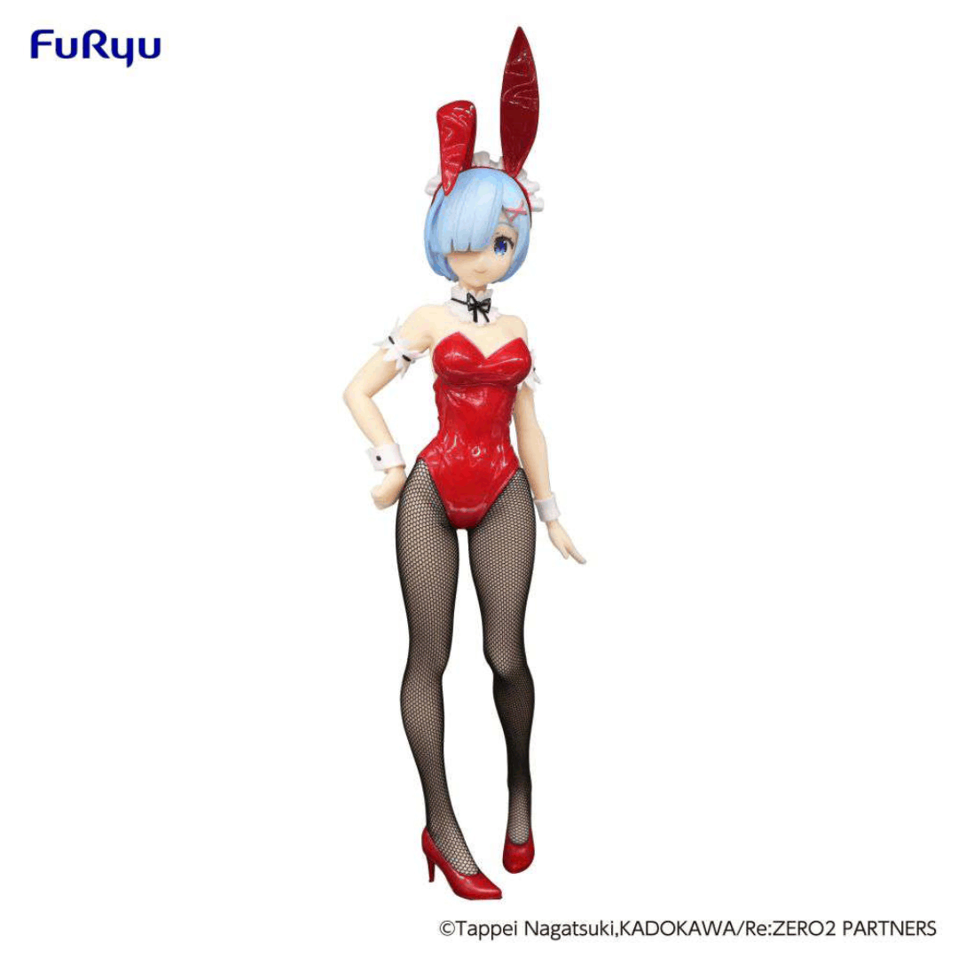 Figure Rem Bunny Girl Red 29cm FuRyu da Re:Zero, statuetta da collezione con outfit rosso lucido e dettagli realistici in stile coniglietta sexy.