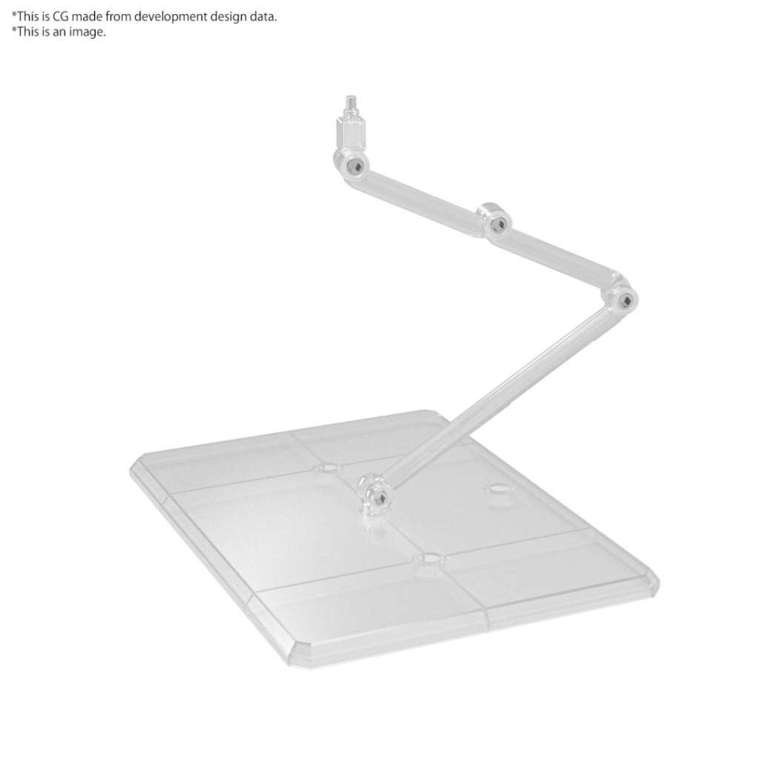 Base trasparente doppia per action figure e Gunpla scala 1/100 con bracci articolati – supporto per esposizione dinamica e pulita.