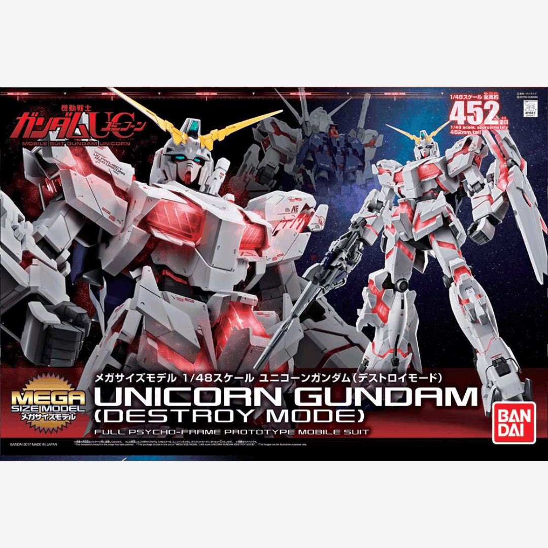Box Mega Size Model 1/48 Unicorn Gundam Destroy Mode Bandai – Kit Gunpla gigante da 45 cm con psycho-frame, da assemblare senza colla né verniciatura