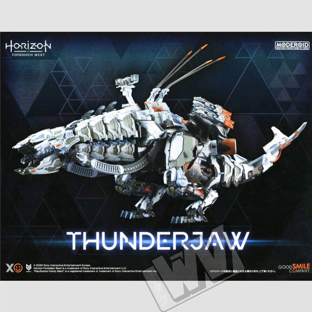 Moderoid Thunderjaw Horizon Forbidden West model kit 38 cm dettagliato, mecha da montare con design fedele al videogioco e componenti articolati per collezionisti