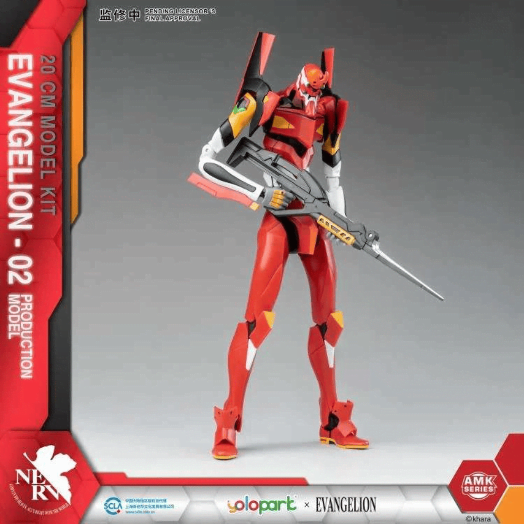 Box Evangelion Production Model-02 AMK Series Yolopark, model kit 20 cm snodabile, senza colla, accessori inclusi, ideale per fan Evangelion.