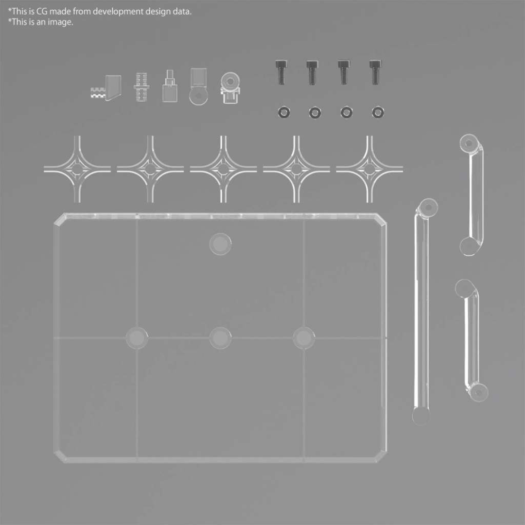 Base trasparente doppia per action figure e Gunpla scala 1/100 con bracci articolati – supporto per esposizione dinamica e pulita.