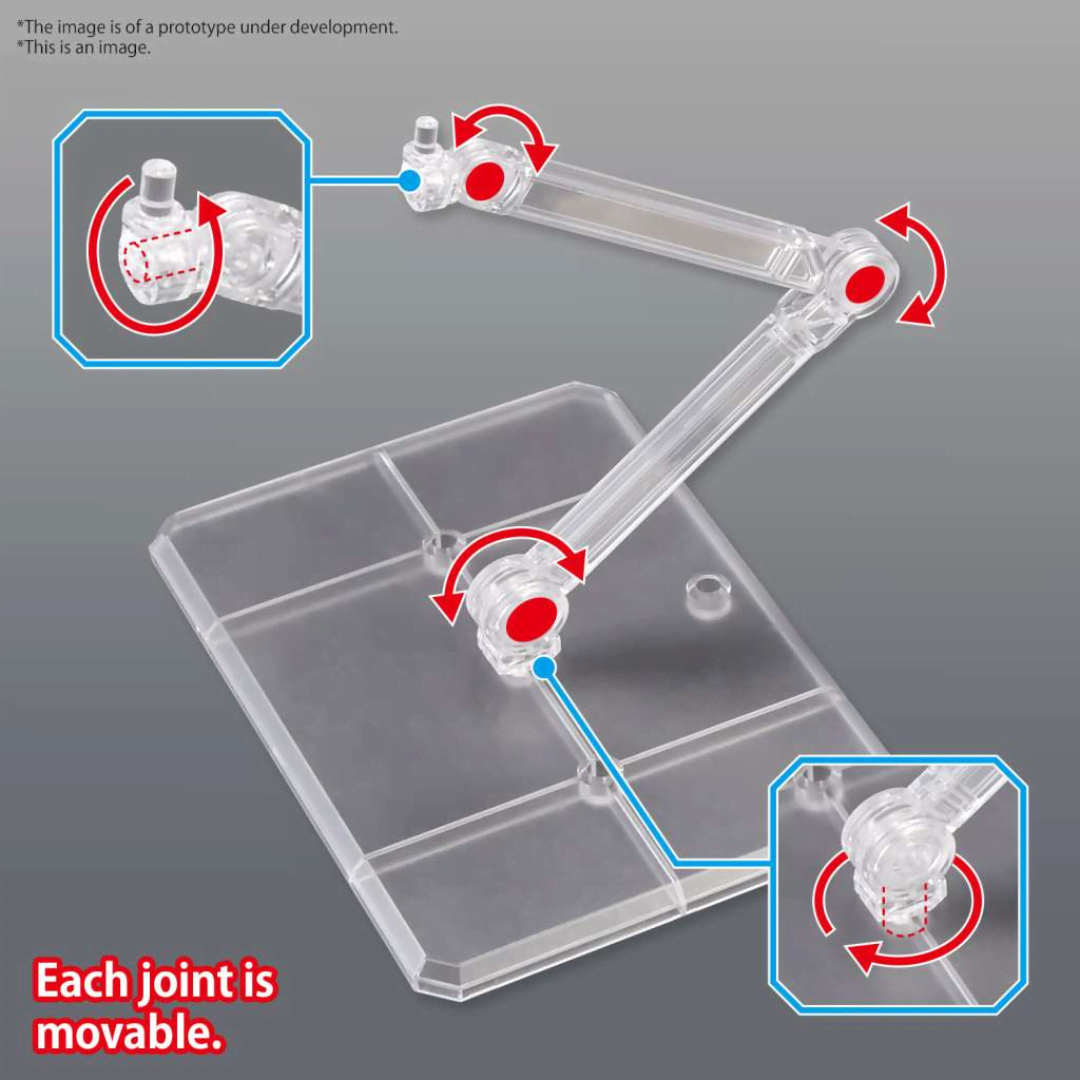 Base trasparente doppia per action figure e Gunpla scala 1/144 con bracci articolati – supporto per esposizione dinamica e pulita.