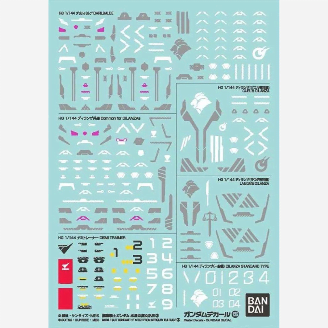 Gundam Decal 135 Witch from Mercury Multiuse 3 Bandai per HG 1/144: water decals per Darilbalde, Demi Trainer e Dilanza in varianti dettagliate.