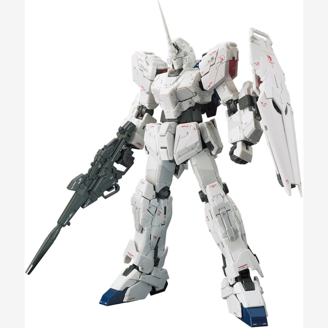 Box RG 1/144 Unicorn Gundam RX-0 Bandai – Gunpla Real Grade con Psycho Frame rosso, trasformabile, dettagliato e pronto da assemblare senza colla.