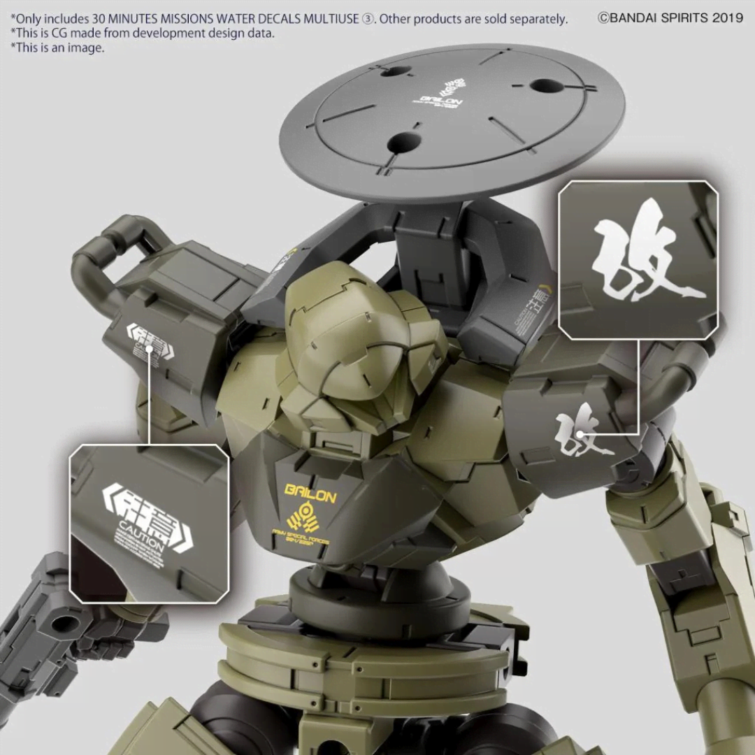 Foglio decalcomanie water-slide Bandai 30MM GIG-R01 Provedel con kanji, simboli Earth, Byron, Maxion per personalizzazione mecha