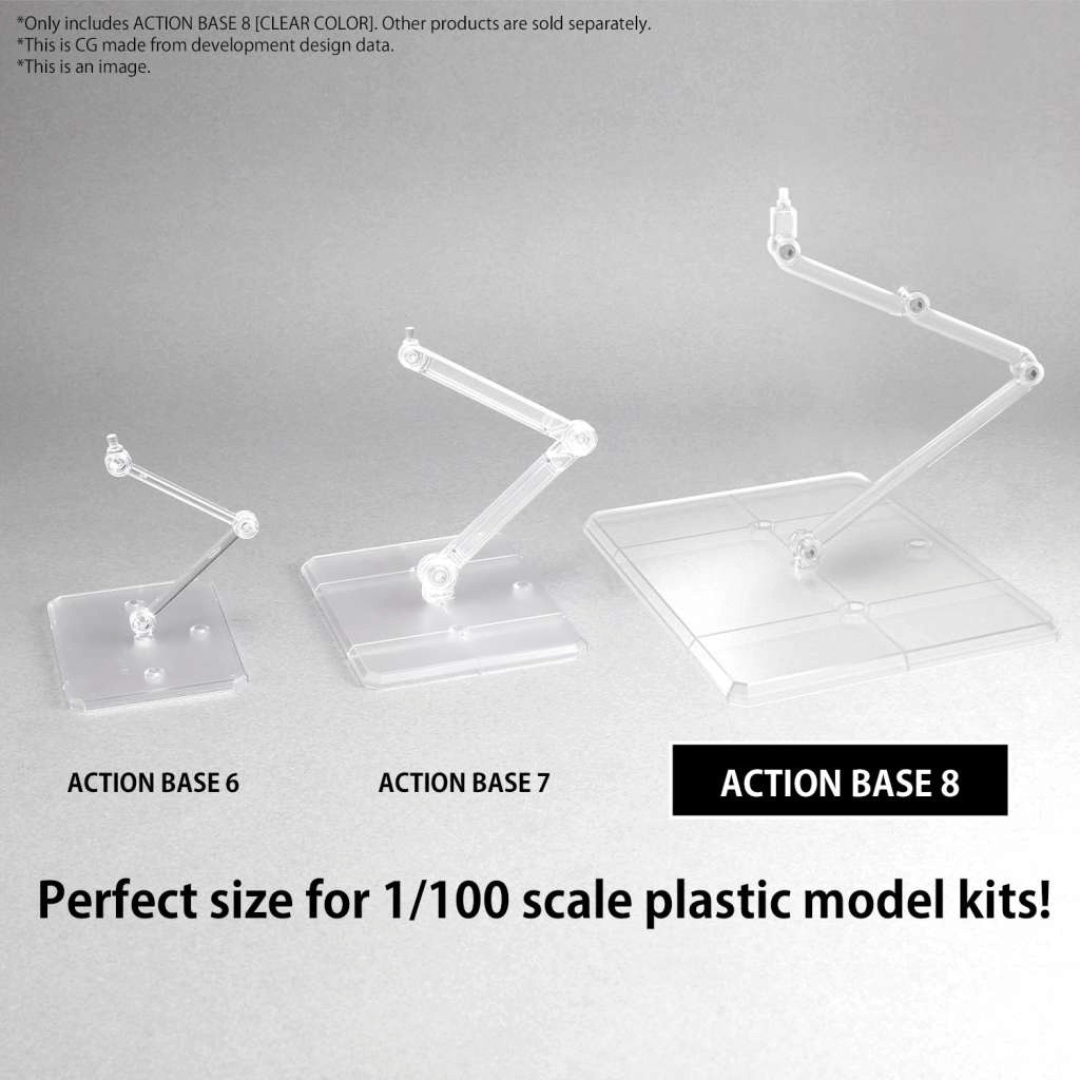 Base trasparente doppia per action figure e Gunpla scala 1/100 con bracci articolati – supporto per esposizione dinamica e pulita.