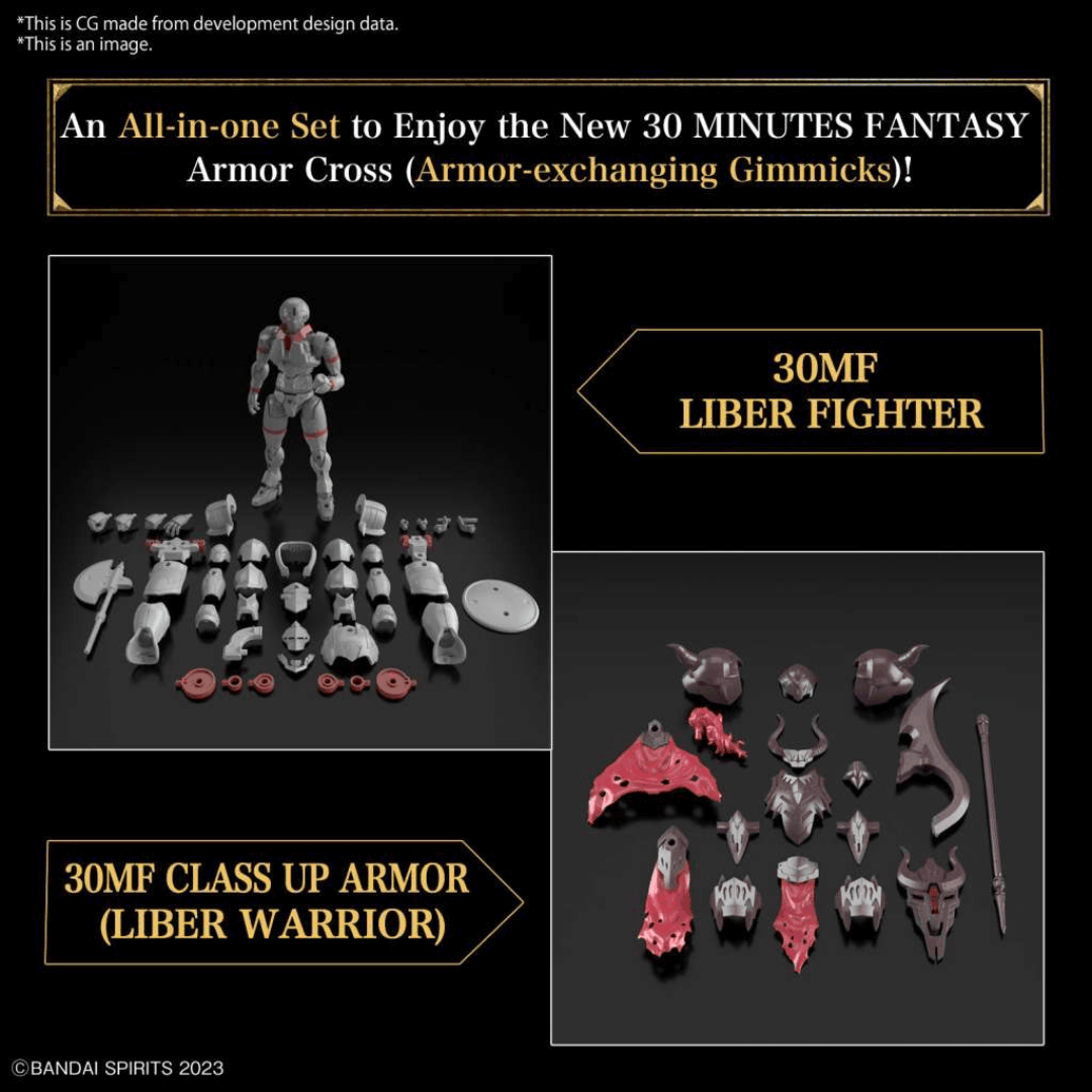 Box 30MF Liber Warrior Bandai con guerriero fantasy corazzato, armato di lancia e scudo, model kit articolato della serie 30 Minutes Fantasy.