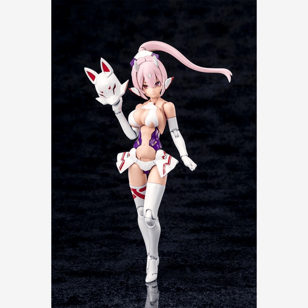 Box model kit Megami Device ASRA Nine-Tails Kotobukiya con armatura bianca futuristica e look Bishoujo mecha da combattimento
