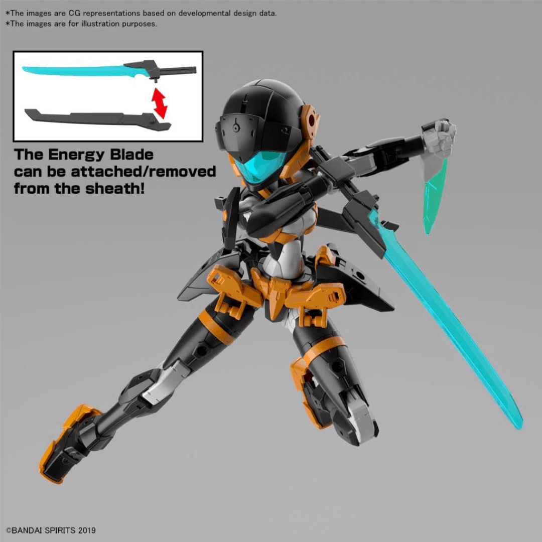 Model Kit Bandai 30MM EXM-H15D Acerby Type-D 1/144 in posa dinamica con spada e colori arancio-nero – disponibile su Weeaboverse