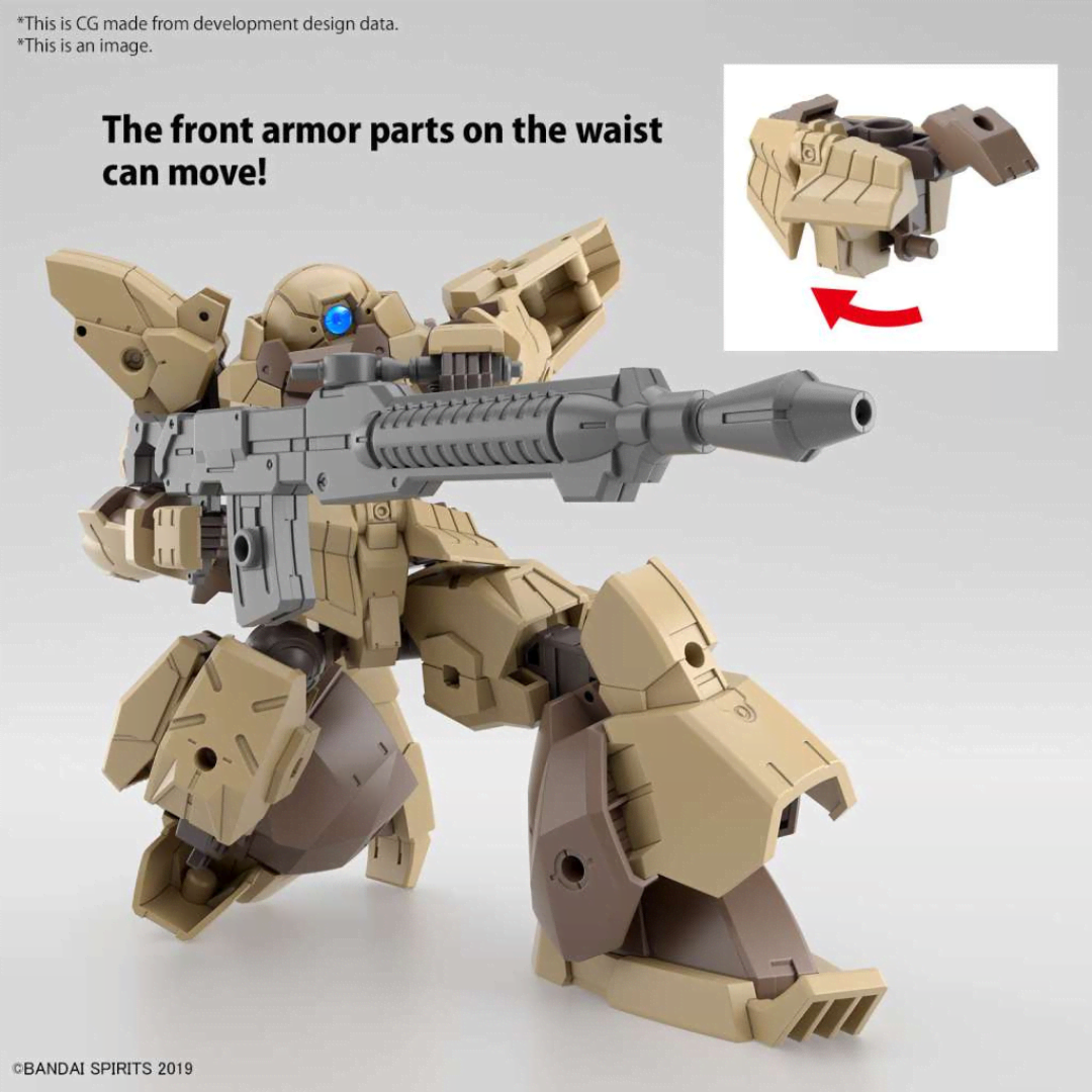 Modello Gunpla Bandai 30MM bEXM-28 Revernova Brown 1/144 con armatura pesante, fucile e opzioni di personalizzazione combinabili.