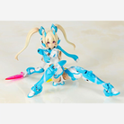 Box model kit ASRA Ninja Aoi Megami Device Kotobukiya con armatura azzurra, posa dinamica e armi ninja dettagliate in scala 1/1