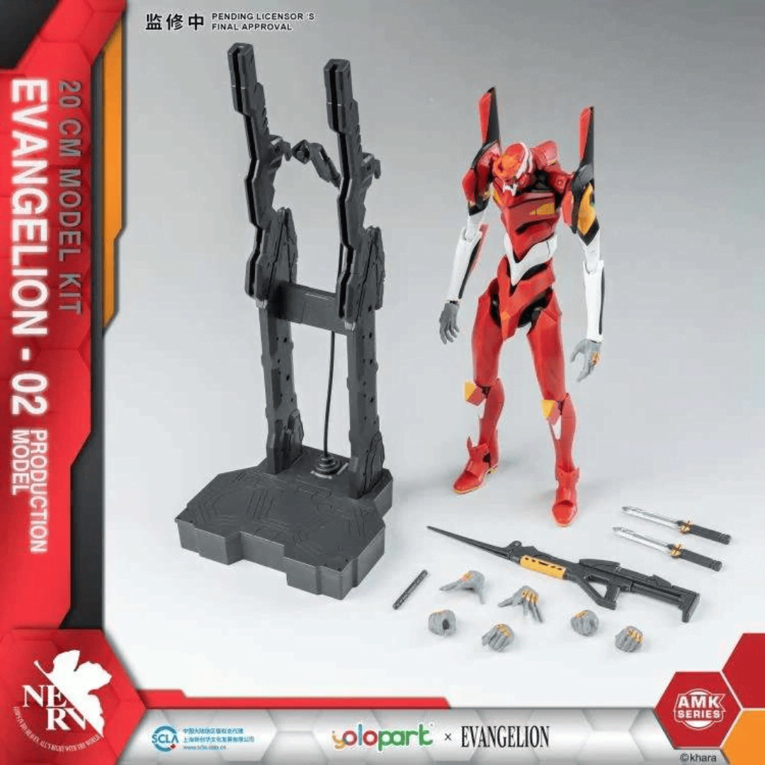 Box Evangelion Production Model-02 AMK Series Yolopark, model kit 20 cm snodabile, senza colla, accessori inclusi, ideale per fan Evangelion.