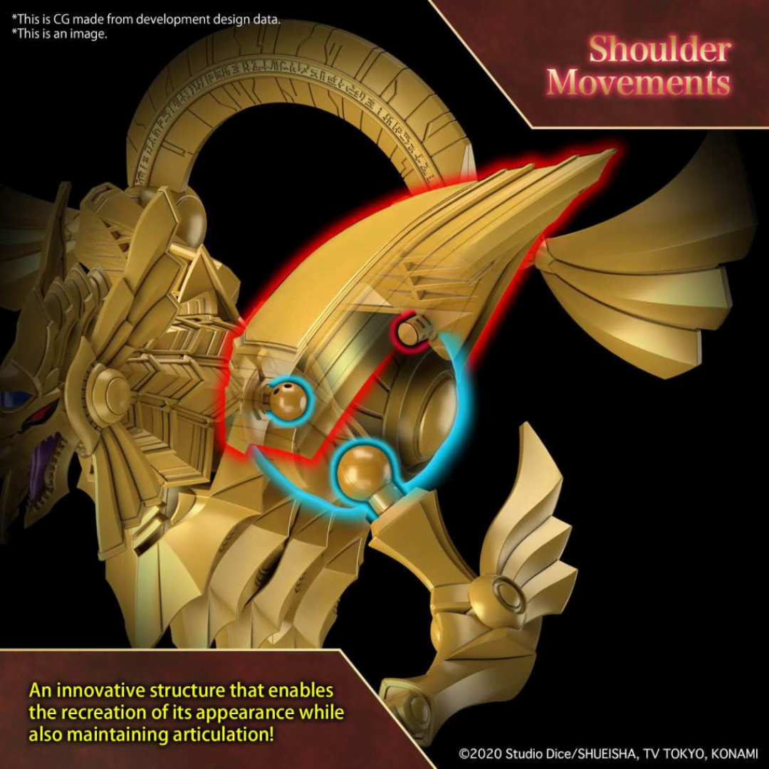 Model Kit Yu-Gi-Oh! The Winged Dragon of Ra Amplified Bandai, dettagliato, dorato, snodabile e facile da montare, perfetto per fan e collezionisti.