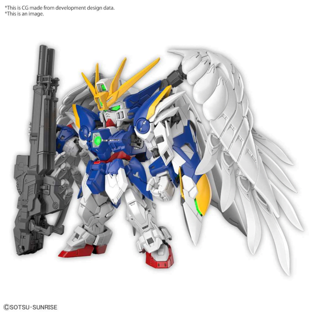Box MGSD Wing Gundam Zero EW con Mobile Suit SD in posa dinamica, ali articolate e doppio fucile iconico, tratto da Gundam Wing: Endless Waltz.