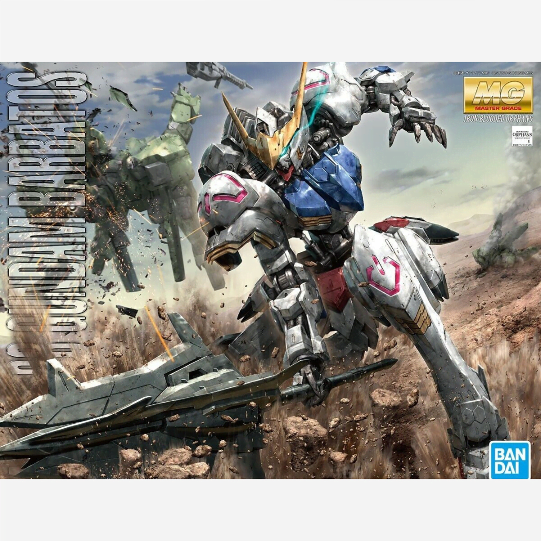 Box MG 1/100 Gundam Barbatos Master Grade con Mobile Suit in posa dinamica, dettagli realistici e armamenti ispirati all’anime Iron-Blooded Orphans.