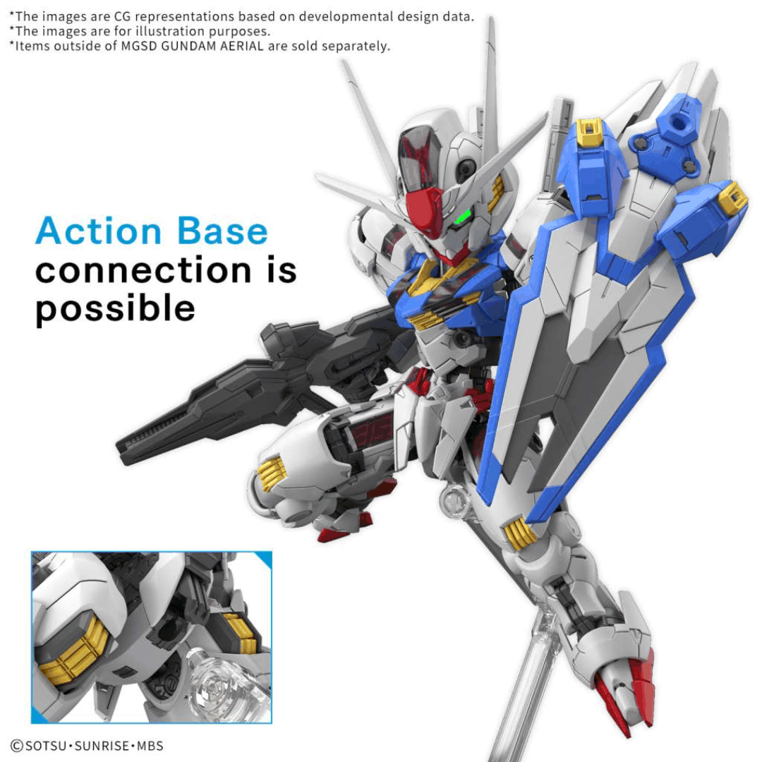 Model Kit MGSD Gundam Aerial Bandai da The Witch from Mercury, formato SD dettagliato, armatura premium e articoli traslucidi per pose dinamiche.