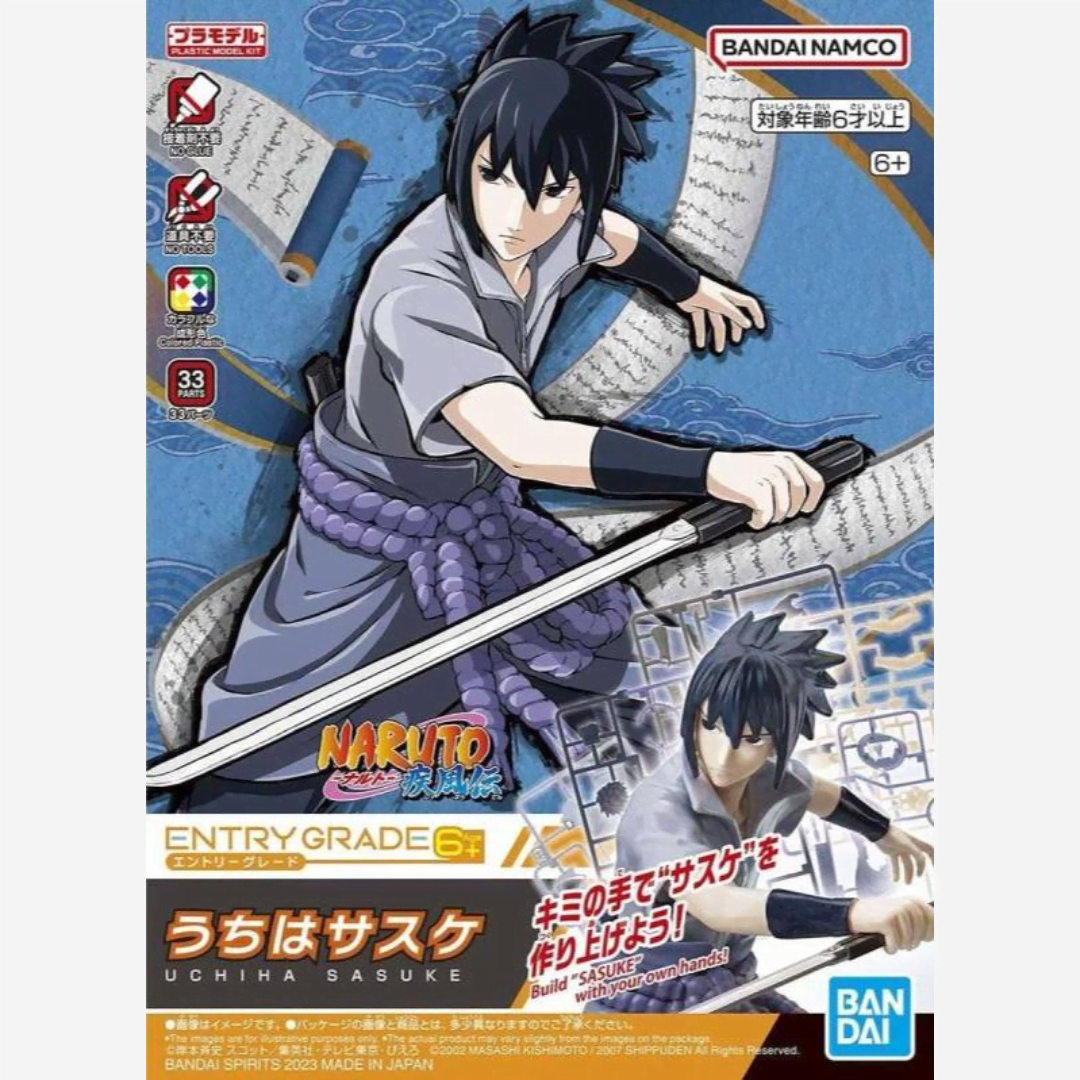 Box Model Kit Entry Grade Uchiha Sasuke Bandai, modellino anime dettagliato da assemblare, senza colla, con katana inclusa, scala 1/10.