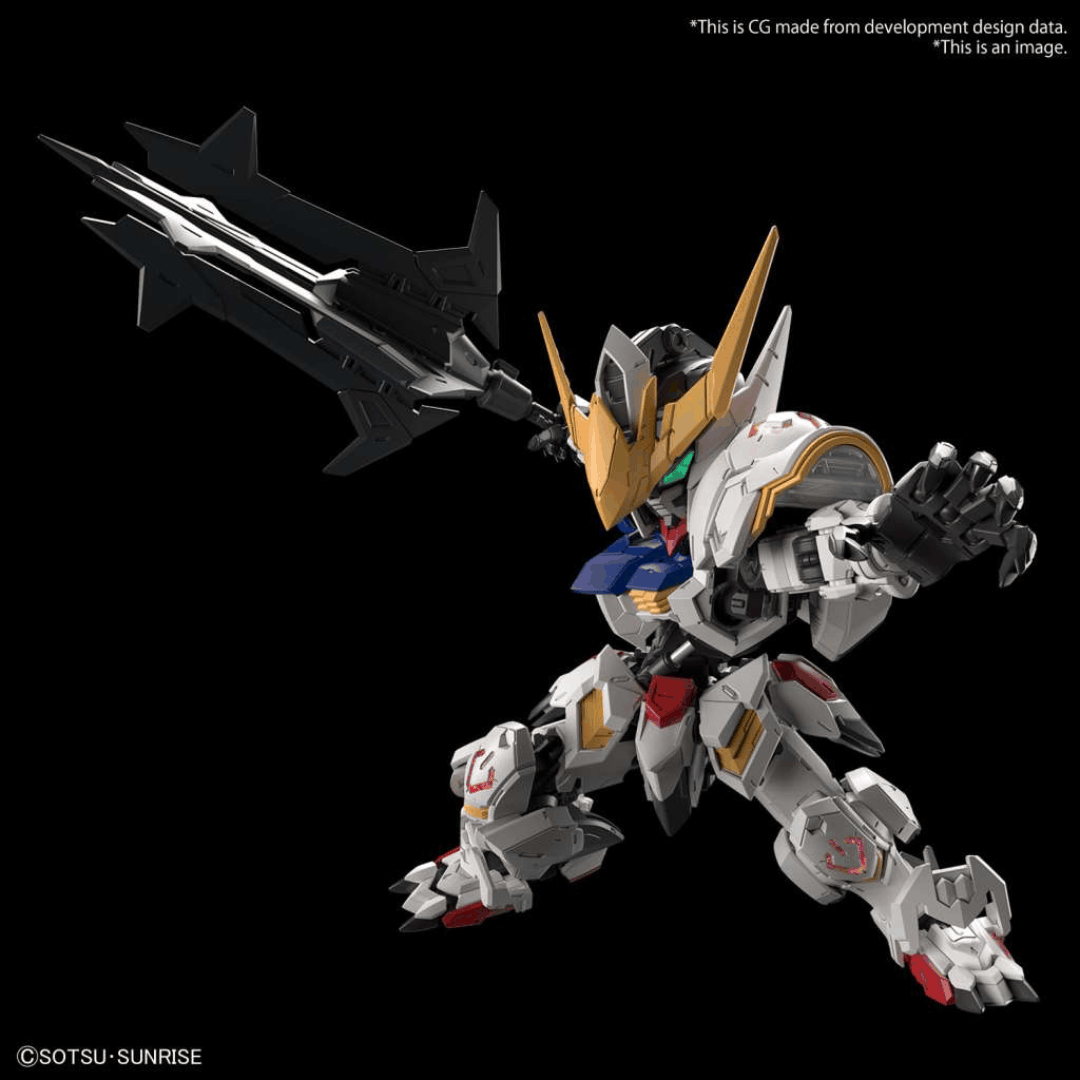 Box MGSD Gundam Barbatos con Mobile Suit SD dettagliato e armato, ispirato a Iron-Blooded Orphans. Gunpla compatto con qualità da Master Grade.