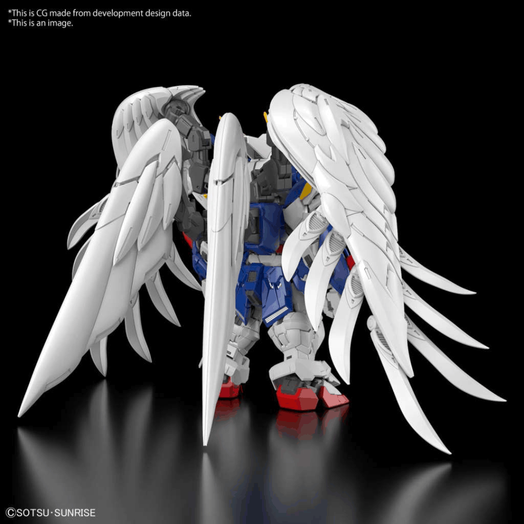 Box MGSD Wing Gundam Zero EW con Mobile Suit SD in posa dinamica, ali articolate e doppio fucile iconico, tratto da Gundam Wing: Endless Waltz.