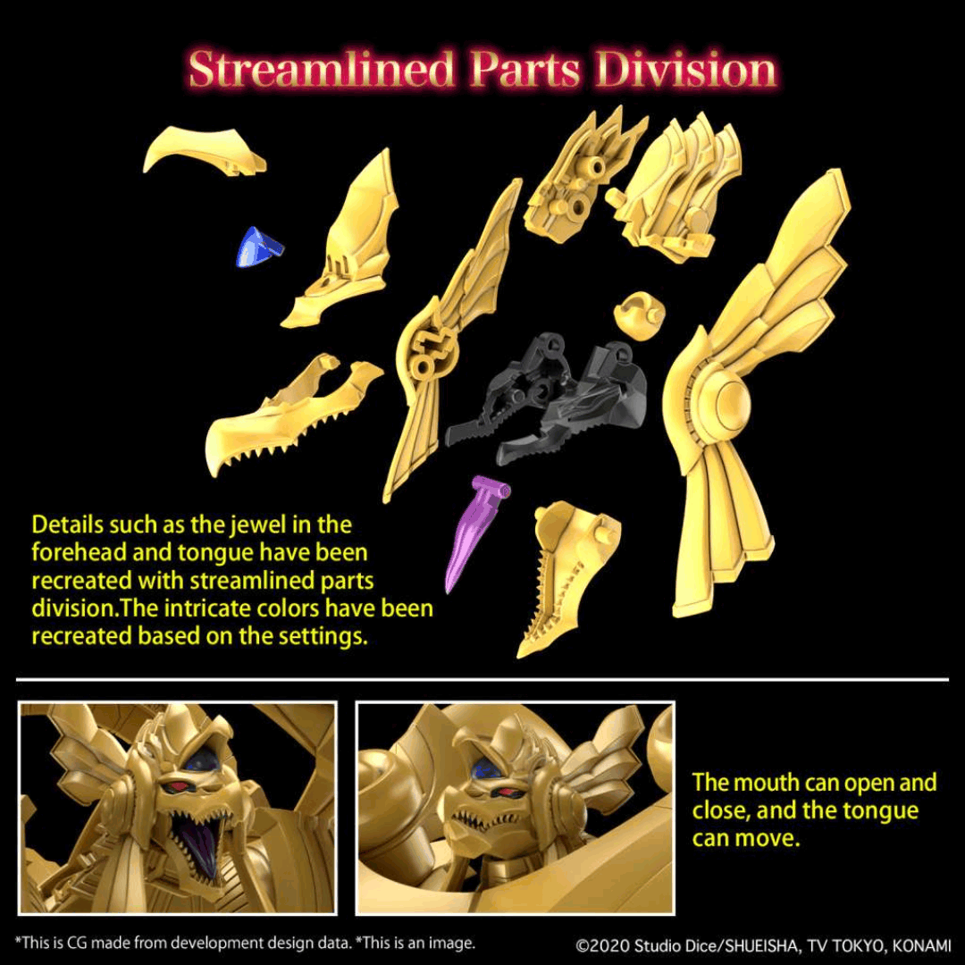 Model Kit Yu-Gi-Oh! The Winged Dragon of Ra Amplified Bandai, dettagliato, dorato, snodabile e facile da montare, perfetto per fan e collezionisti.