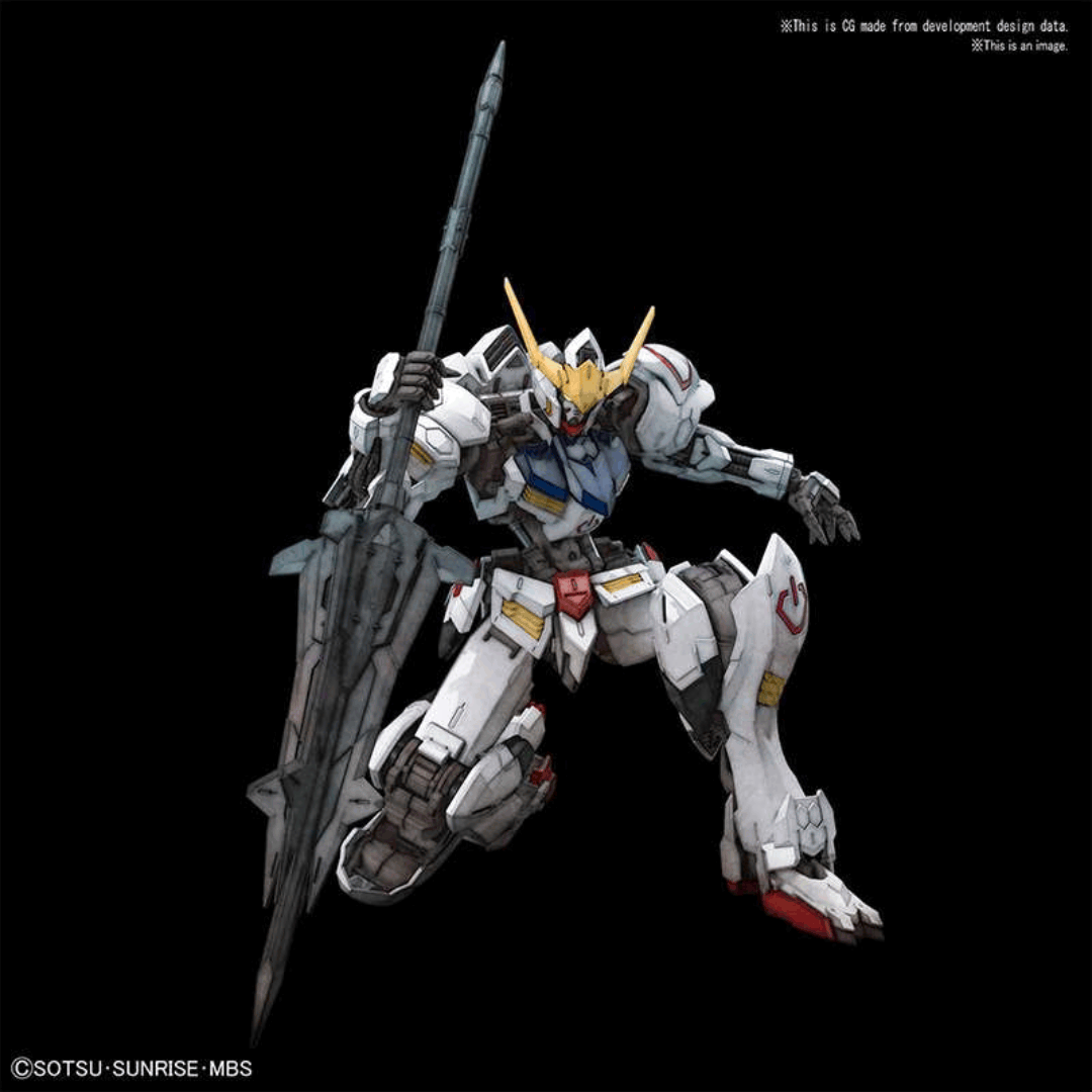 Box MG 1/100 Gundam Barbatos Master Grade con Mobile Suit in posa dinamica, dettagli realistici e armamenti ispirati all’anime Iron-Blooded Orphans.
