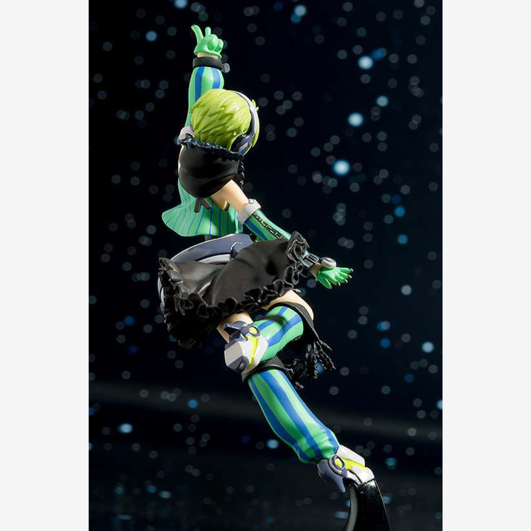 Model kit personaggio femminile futuristico verde e nero da assemblare, stile anime, dettagli curati, posa dinamica, senza colla o vernice.

