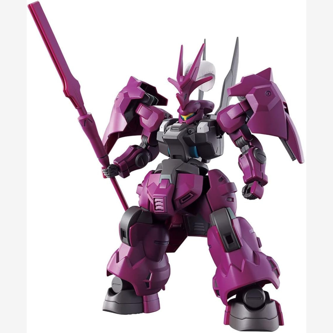 Box HG 1/144 Guel’s Dilanza Gunpla Bandai – modello da montare senza colla tratto da The Witch from Mercury con armatura viola e lancia energetica.

