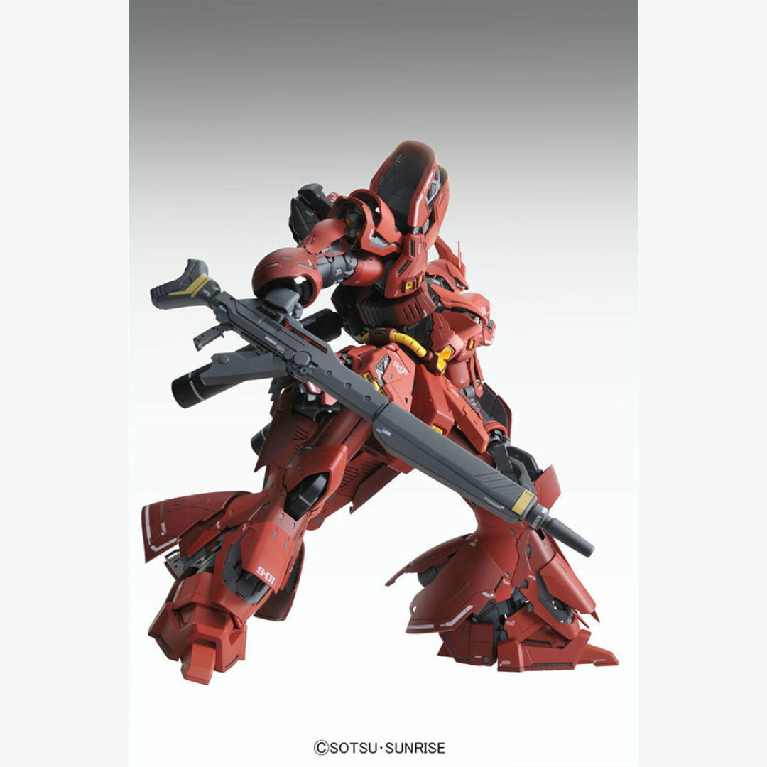 Dettaglio Gunpla RG 1/144 Sazabi Bandai – Mobile Suit Neo Zeon rosso, modello da montare senza colla, perfetto per fan di Char Aznable e collezionisti
