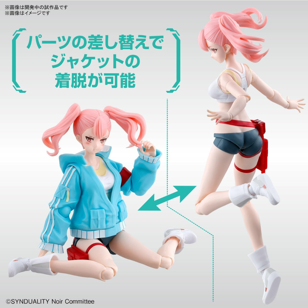 Model kit Bandai Figure-rise Standard Ellie da Synduality Noir, plastica precolorata, personaggio anime da montare senza colla in posa dinamica.







