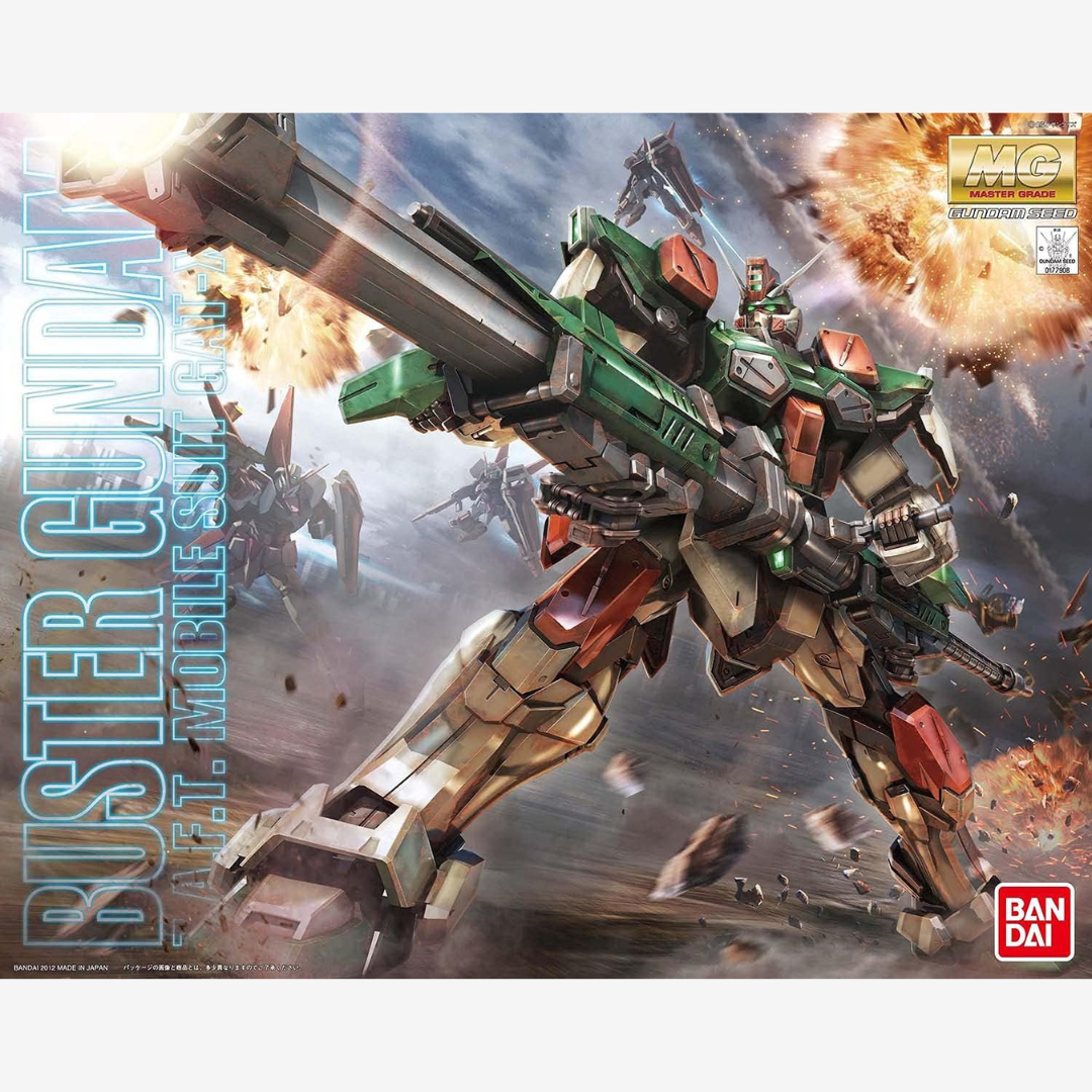 Box MG Buster Gundam Master Grade Bandai – Gunpla ispirato a Gundam SEED, con cannoni combinabili e design militare. Kit da montare senza colla.

