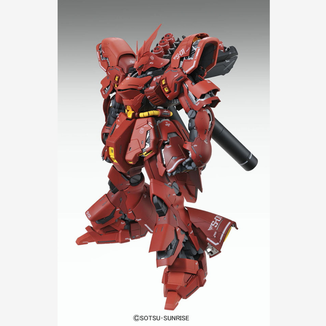 Dettaglio Gunpla RG 1/144 Sazabi Bandai – Mobile Suit Neo Zeon rosso, modello da montare senza colla, perfetto per fan di Char Aznable e collezionisti