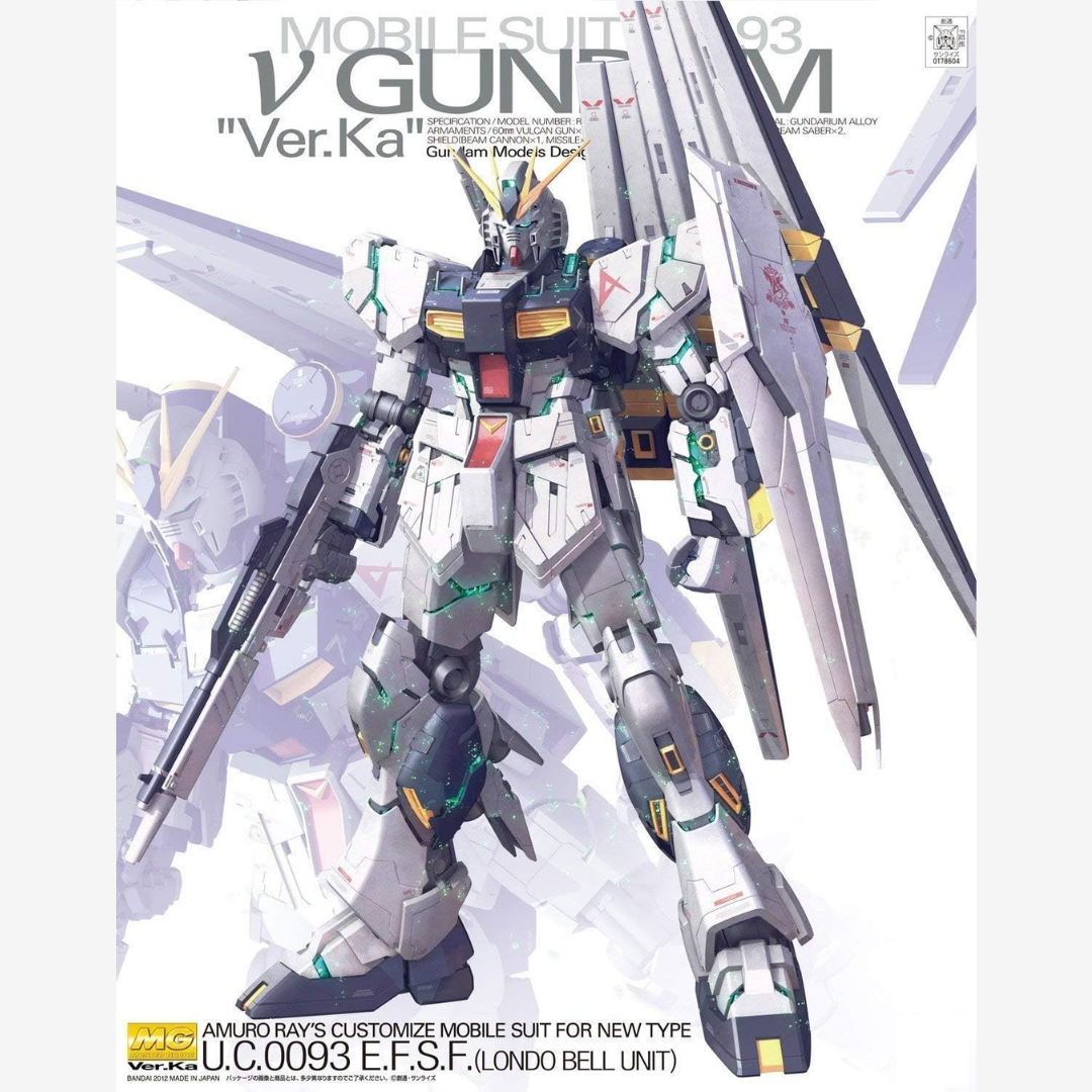 Box Gunpla MG RX-93 ν Gundam Ver.Ka Bandai, kit Master Grade da assemblare senza colla, icona UC con fin funnels mobili e design Katoki.