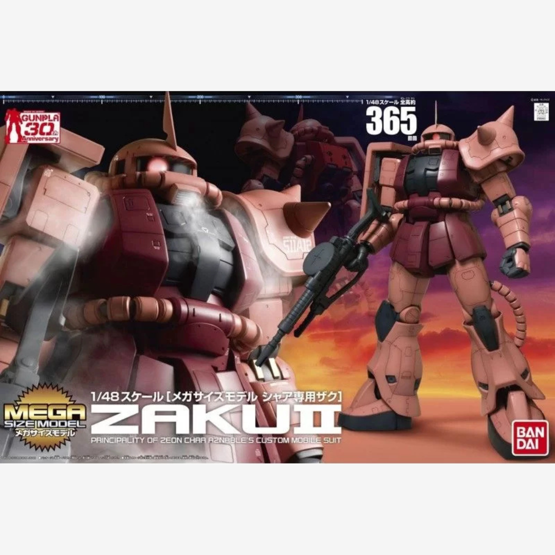 Gunpla Mega Size Zaku II Char Aznable Custom 1/48 Bandai, kit gigante da assemblare senza colla, dettagliato e ideale per fan di Mobile Suit Gundam.

